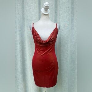 Saint Genies red mini draped cowl neck mini shimmer dress